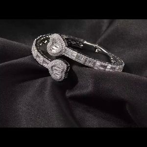 Silver adjustable open heart baguette bracelet